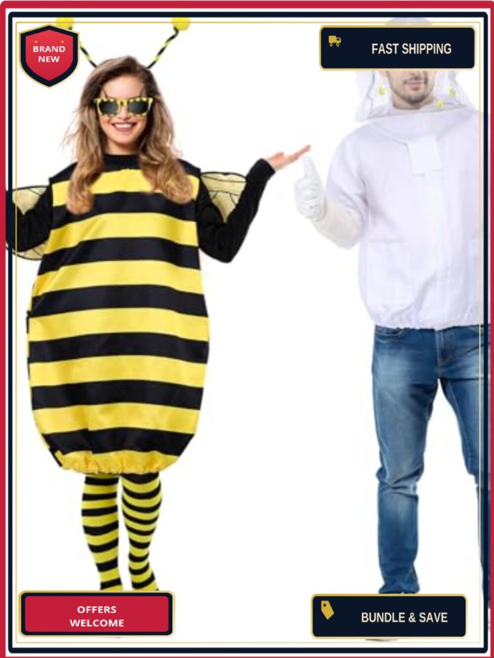 Bee Costume Women with Wings & Beekeeper Suit Couples Halloween Set